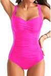 Yonique Women One Piece Swimsuit Tummy Control Vintage Bathing Suit Ruched Swimwear, Hot Pink, Medium