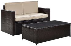 Crosley Furniture KO70002BR-SA Palm Harbor Outdoor Wicker 2-Piece Seating Set (Loveseat and Glass Top Table), Brown with Sand Cushions