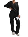 Joligiao Lounge Wear Sets for Women UK Ladies Ribbed 2 Piece Outfit Leisure Co Ord Sets Tracksuit Full Set V Neck Long Sleeve Pyjamas Top and Wide Leg Trousers Suits with Pockets(Black,L)