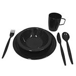 Harfield Black Camping Dining Set - Plate, Bowl, Beaker & Cutlery - Reusable Virtually Unbreakable Polycarbonate Plastic