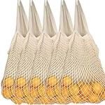 5 Pack Reusable Grocery Bags - 100% Cotton Mesh Produce Bags with Long Handle, Organic Washable Shopping String Net Tote Bag, Ivory, Large