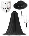 Bella Dox Adult V for Vendetta Guy Fawkes Anonymous Hacker Mask + Hooded Cape + Hat + Sais for Halloween Carnival Party Dress Accessory