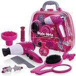 Style Girlz Hair Styling Set For Girls - Kids Battery Operated Toy Hair Dryer, Accessories, Vanity Case - Childrens Hairdressing Set - Pretend Hairdresser Role Play For Kids - Toys For Girls Age 3-6