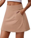 PINSPARK Golf Skirts for Women High Waisted Lightweight Workout Skorts with Shorts Pockets Summer Sport Skirt Curved Hip Line, Khaki XL