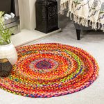 ETHNICITI Round Braided Multicolour Cotton Recycled Handwoven Boho Bohemian Reversible Stylish Area Rag Rug Mat Hallway Bedroom Lounge Living Dining Study Utility Room Pet Yoga High Traffic- 150cm/5ft