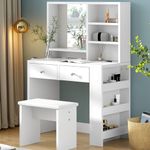 SDHYL Vanity Table Set with Power Outlet, Makeup Vanity Desk with Stool & Mirror, 31.5 inch White Vanity Table with Drawer and Shelves for Girls