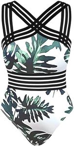 Hilor Women Bathing SuitsTummy Control Swimwear Slimming One Piece Swimsuits White&Green Leaves S/US4-6