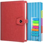 A5 Binder Journal, Refillable 6 Ring Organizer Planner Leather Business Writing Notebook, Ruled Hardcover Diary Notebook with Divider page and Index stickers-Red