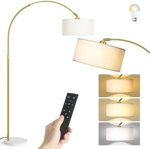 NUFECARG Arc Floor Lamp, 9W 1000LM Modern Floor Lamp with Contactless Control, Hanging Drum Shade Standing Lamp with Marble Base, Adjustable Stepless Colors & Brightness, Gold