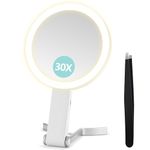 B Beauty Planet Magnifying Mirror with Light, Double Sided 30X/1X Magnifying Mirror, Travel Makeup Mirrors with 3 Color Lights, Foldable Makeup Mirrors with Tweezer, Handheld/Tabletop