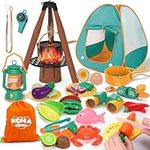 QIZEBABY Kid Camping Games ,Outdoor Toys for Kids 3-5,Camping Tool Pretend Role Play Toys with Kids Tent /Campfire/ Telescope/Play Food/Whistle/Oil Lamps,3 4 5 6 Year Old boy Girl Gifts