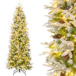 HAPPYGRILL 7.5 FT Pre-lit Flocked Pencil Christmas Tree, Hinged Artificial Xmas Tree with 913 PE PVC Branch Tips, 350 Warm White LED Lights & 75 Natural Pine Cones for Home, Shop & Office