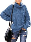 Aleumdr Blue Turtleneck Jumpers for Women Casual Loose Long Sleeve Chunky Knit Pullovers Winter Warm Sweaters UK Size 8 10