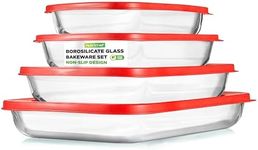 NutriChef 4-Piece Glass Baking Dish with Lids - Stackable Rectangular Glass Oven Bakeware w/Red BPA-Free Lids - Baking Pans for Lasagna, Meatloaf, Casserole, Leftovers, & More, Dishwasher Safe