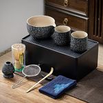 TEANAGOO Matcha Kit + 2 Cups with Storage Box, 12 Pcs Travel Matcha Tea Set, Ceramic Matcha Bowl (18oz), Matcha Cup(7.2oz), Bamboo Whisk, WS1, Rock Charcoal Grey