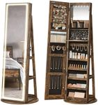 SONGMICS LED Mirror Jewelry Cabinet Standing, Lockable Jewelry Armoire with Full-Length Mirror and Adjustable LED Lights, Space-Saving Jewelry Organizer with Mirror, Gift Idea, Rustic Brown UJJC008X01
