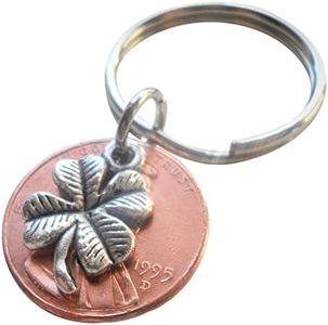 Clover Charm Layered Over 1995 Penny Keychain, 29 Year Anniversary, Couples Keychain, Copper, Small
