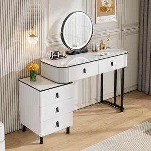 WOLTU Schminktisch mit Spiegel LED & Beleuchtung, 3 Lichtfarben, Moderner Frisiertisch mit 5 Schubladen, 2-in-1 Schreibtisch, Flexibler Unterschrank, für Schlafzimmer, auz Holz, in Weiß+Schwarz