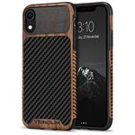 TENDLIN Compatible with iPhone XR Case Wood Grain with Carbon Fiber Texture Design Leather Hybrid Slim Case Compatible with iPhone XR