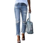 DIFIUPAI Womens Stretchy Ripped Mid Rise Rugged Distressed Raw Hem Boyfriend Denim Jeans (Light Blue)