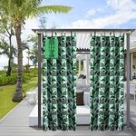 Comlax Outdoor Curtains Waterproof - 132x215cm Tropical Leaves Printed Garden Thermal Insulation Blackout Drapes Detachable Buckle Tieback for Indoor Window and Outside Porch Pool, Balcony, Green