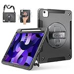 Miesherk Case for iPad Air 5th/4th Generation 10.9 Inch: Military Grade 3 Layer Shockproof Cover iPad Air 2022/2020 5th/4th Generation-Pencil Holder-360°Rotating Stand-Hand/Shoulder Strap-Black