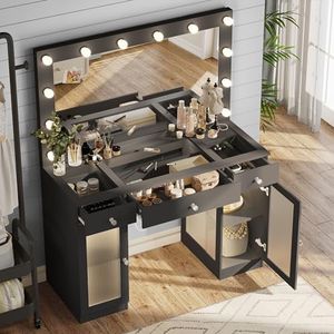 IFSEB Vanity Desk with Large Mirror and Lights, Glass Top Makeup Vanity with Lights & Power Outlet for Bedroom, 3 Color Lighting Modes, Black Dressing Table for Women, Girls