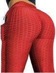 Danysu TikTok Butt Leggings with Pockets for Women Butt Lifting Textured Booty Tights High Waist Yoga Pants Anti Cellulite Ruched Scrunch Workout Leggins Red Medium