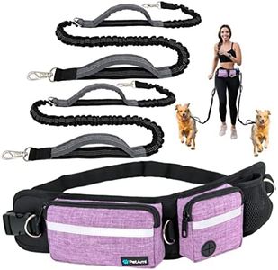 PetAmi Hands Free Dog Leash, Running Leash Belt Bag for Walking, Jogging, Waist Double Zipper Pouch with Poop Dispenser, Dual Padded Handles Reflective Bungee Double, Purple, 2 Leashes