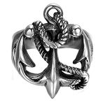 JAJAFOOK Silver Tone Black Anchor Signet Nautical Rope Stainless Steel Men's Ring,Retro Biker Punk