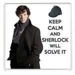 Unique Drinks Coaster with a picture of Sherlock Holmes played by Benedict Cumberbatch. KEEP CALM and Sherlock will Solve it.