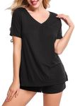 Ekouaer Women's Pyjama Sets V Neck Soft Loungewear Summer Pjs Set Short Sleeve Sleepwear with Pockets & Drawstring, Black, M