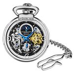 Stuhrling Orignal Mens Automatic Pocket Watch Skeleton Dial Mechanical Movement with and Stainless Steel Chain -Dual Time AM/PM Sun Moon Subdial, Silver, Modena