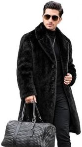 INVACHI Men's Faux Fur Coat Winter Long Faux Mink Coat Fluffy Thick Trench Coat for Men (US, Alpha, 3X-Large, Regular, Regular, Black)