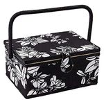 Sewing Basket with Floral Print Design - Sewing Kit Storage Box with Removable Tray, Built-in Pin Cushion and Interior Pocket - by Adolfo Design (Medium - 11" x 7" x 5.5", Hibiscus)