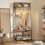 Bestier Hall Tree, Coat Rack with Shoe Bench for Entryway, Industrial 5-in-1 Storage Shelves with LED Lights, Wire Grid, 5 Hooks, 1 Hanging Rod, Pinewood