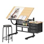 DlandHome Drafting Table Adjustable Drawing Table Craft Station Center with Stool and Storage Drawers,Black,10CZLCUT-029BB-DCA