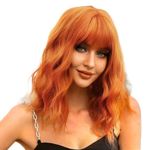 QUEENTAS 12 Inch Short Bob Wavy Curly Hair Wig for Women Full Head with Bangs Synthetic Diwali wigs（ginger yellow）