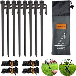 Metal Tent Stakes Heavy Duty 12 Inch 8 Pack with Camp Rope Guy Lines, Metal Stake for Ground, Canopy, Tarps, Sand Anchors for Camping, Picnics, or Yards, Reinforced Nail Heads Camping Accessories and