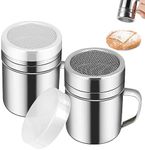 2 Pcs Powdered Sugar Shaker Duster with Handle, Stainless Steel Fine Mesh Shaker Powder Cans with Plastic Lid, Sifter Dredge Shaker for Powder Sugar Cinnamon Cocoa Pepper Coffee Flour