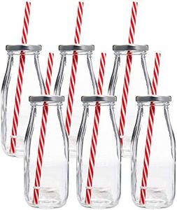 Estilo Milk Bottle - Milk Glass - Reusable Glass Bottle for Dairy Milk With Straws & Metal Screw On Lids, 10.5 Ounce, Clear, Set of 6