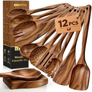 Wooden Spoons for Cooking, 12 Pcs Nonstick Wooden Cooking Utensils Set with Comfort Grip – 100% Natural Teak Wood - Sturdy, Lightweight & Heat Resistant Kitchen Utensils