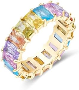 AFFY Eternity Rainbow Ring 18K Yellow Gold Plated Emerald-Cut Multi Color AAA Created-Gemstone Rainbow Ring, Stackable Ring, Wedding Band for Women Gift For Her (Ring 1, Size 7)