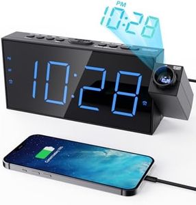 OnLyee Projection Alarm Clock for Bedroom, LED Digital on Ceiling Wall with USB Phone Charging, Battery Backup, 180° Rotatable Projector & Dimmer, 12/24H, DST, Snooze, Dual Loud Bedside Heavy Sleeper