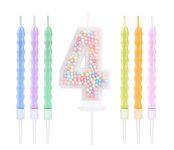 EAKE 4 Birthday Candle with 6 Pcs Rainbow Pearl Candles, Macaron Glitter Number 4 Candle Birthday Girl Women Sweet Theme 4 Years Old Birthday Wedding Anniversary Party Cake Decor