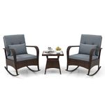 ORALNER 3 Pieces Patio Furniture Set, Outdoor Wicker Rocking Chairs with Cushions, Pillows, Glass Coffee Table, Rattan Bistro Rocker Set for Balcony Front Porch Poolside Garden Deck Yard (Grey)