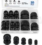 TICONN 20 Pcs IP68 Waterproof Cable Gland Kit Nylon NPT Adjustable Cable Connectors Assortment 1/4” 3/8” 1/2” 3/4” 1“ for Waterproof Junction Box Wire Pannel (Black, 20 Pcs)