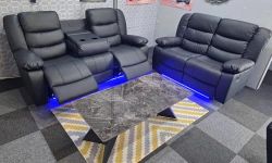 Madrid Leather Electric Recliner Sofa With Cupholders - Leather Sofa - 3+2 Seater - USB Charging Ports - LED Lights (Black, 3+2 Seater)