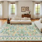 Morebes Boho Light Green Large Area Rugs for Bedroom, Floral Washable Area Rugs 9x12 Living Room Non Slip, Soft Thin Distressed Carpet for Nursery Girls Home Dinning Room Kids Playroom