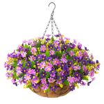 Homsunny Artificial Hanging Flowers in Basket Outdoor Indoor Patio Lawn Garden Decor, Hanging Daisy Basket with 12inch Coconut Lining Chain Flowerpot (Dark Purple)